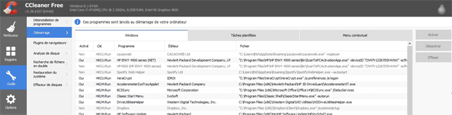 CCleaner, liste des programmes au démarrage