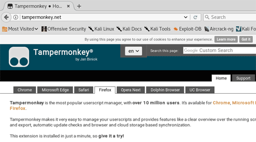 VM Kali > Installer Tampermonkey