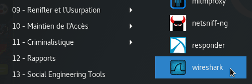 VM Kali > Lancer Wireshark