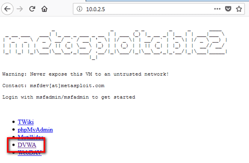 VM Windows > Se connecter au site web Metasploitable