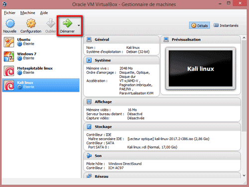 Premier lancement de la VM Kali